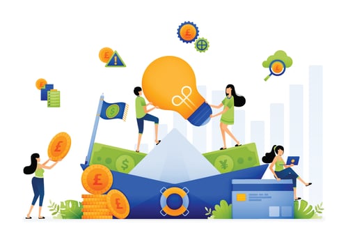 Design of paper boat filled with money to travel and discover new ideas. leader challenge team to collaboration. Illustration for landing page website poster banner mobile apps web social media ads vector