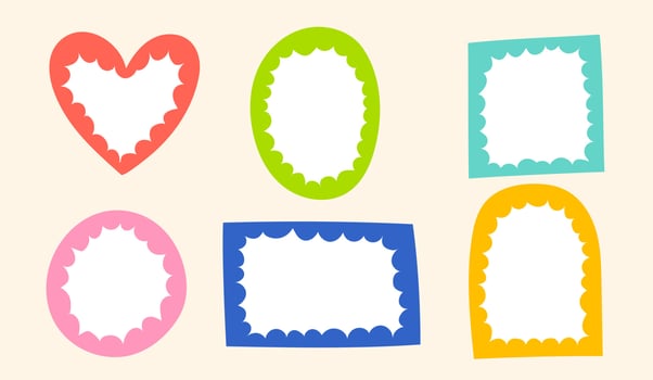 Cute Wavy Inside Doodle Cloud Round Heart Square Rectangle Arch Oval Shape Green Blue Red Pink Orange Yellow Sticky note Post it Borders Frames Background Set Collection Bundle Vector Illustration