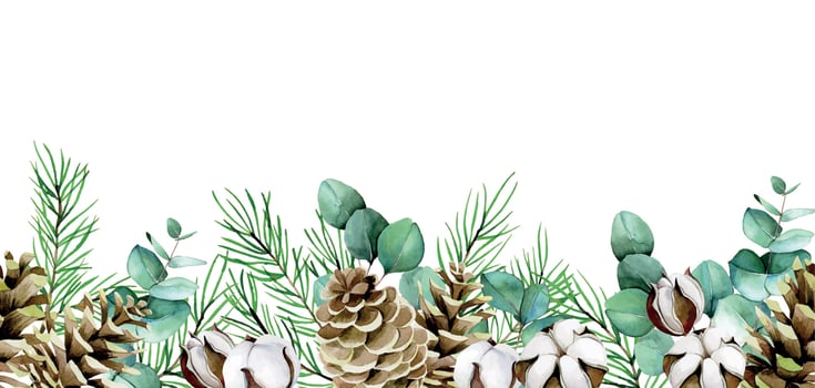 watercolor seamless border on the theme of winter, christmas, new year. eucalyptus leaves, cotton flowers, fir branches and cones. vintage boho print vector