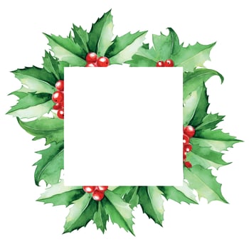watercolor square frame, border with holly leaves and berries. green leaves of holly on a white background. christmas card, decoration for the holidays new year, christmas vector