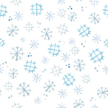 watercolor seamless pattern with snowflakes. cute blue snowflakes drawn in the style of cartoon, snowfall. symbol of new year, christmas, winter holidays vector