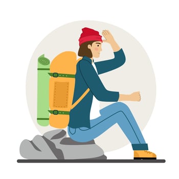 Man traveler is engaged in hiking Hiking with a backpack A tourist in the mountains Vector illustration