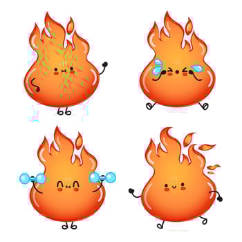 Funny cute happy fire characters bundle set. Vector hand drawn doodle style cartoon character illustration icon design. Cute fire mascot character collection