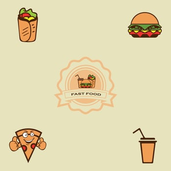 american fastfood emblem for your logo. Burger, chicken and fries, nuggets, donut and coffee, cake, soda and noodle, nachos and ice cream vector icons
