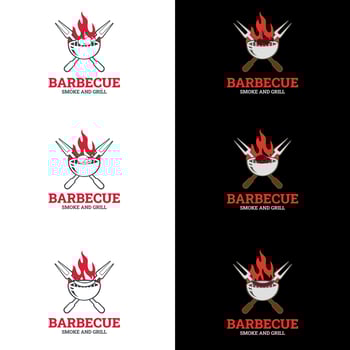 Barbecue grill logo. Logo of Barbecue, Grill and Bar with fire, grill fork and spatula. BBQ logo template. vector