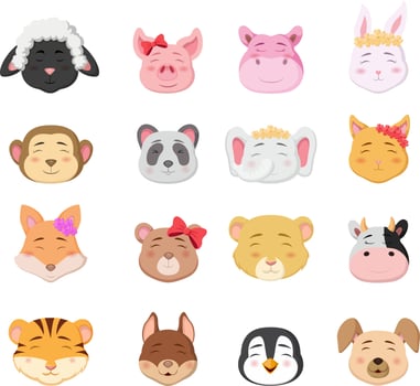 Cute animal head cartoon collection vector