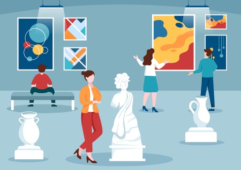 Art Gallery Museum Cartoon Illustration with Exhibition, Culture, Sculpture, Painting and Some People to See it in Flat Style Design vector