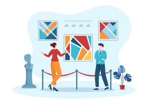 Art Gallery Museum Cartoon Illustration with Exhibition, Culture, Sculpture, Painting and Some People to See it in Flat Style Design vector