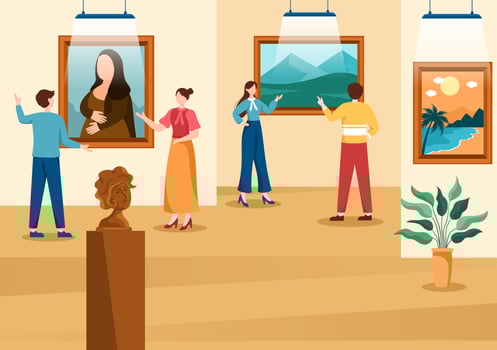 Art Gallery Museum Cartoon Illustration with Exhibition, Culture, Sculpture, Painting and Some People to See it in Flat Style Design vector