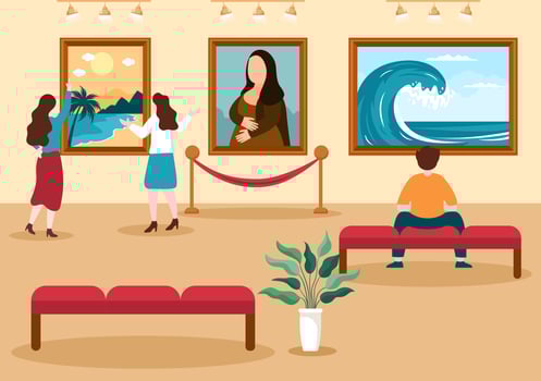 Art Gallery Museum Cartoon Illustration with Exhibition, Culture, Sculpture, Painting and Some People to See it in Flat Style Design vector
