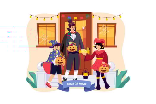 Dad and kids are doing trick or treat and have fun on Halloween vector
