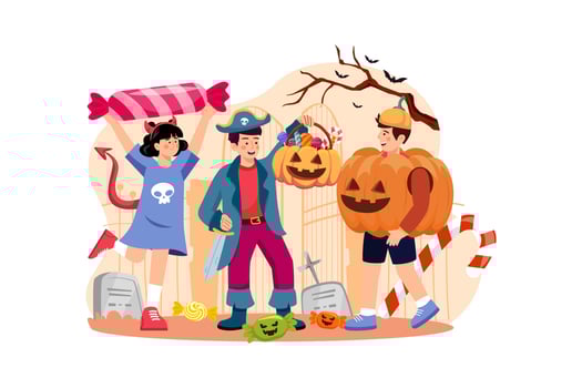 Three children dressed with pumpkins. Halloween concept. vector