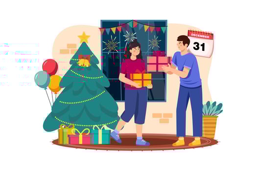 Man gifting Christmas gift to woman. vector