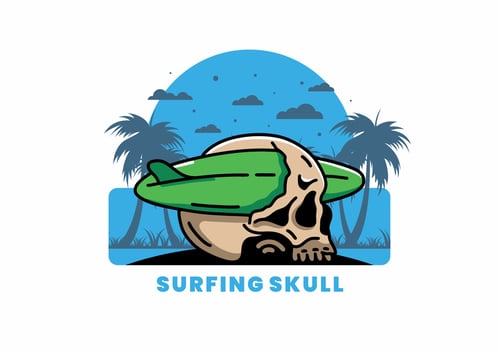 Surfboard piercing the skull illustration design vector