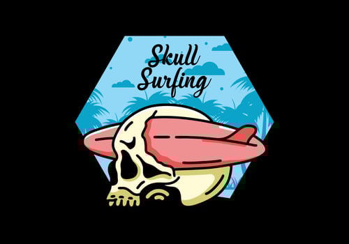 Surfboard piercing the skull illustration design vector