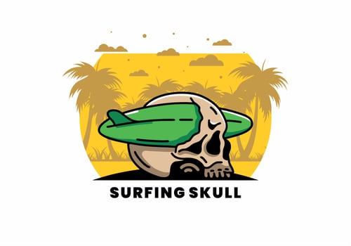 Surfboard piercing the skull illustration design vector
