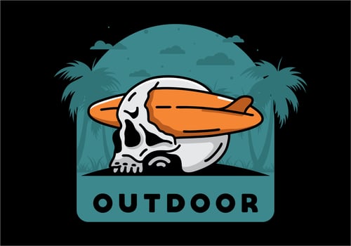 Surfboard piercing the skull illustration design vector