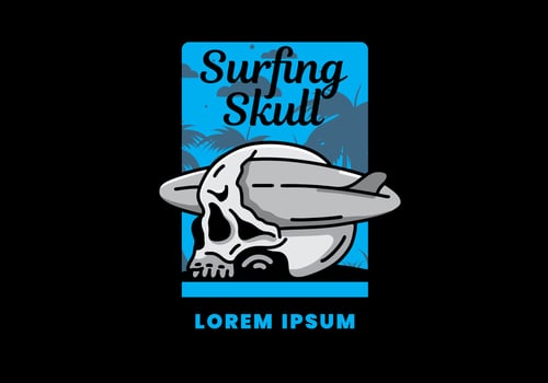 Surfboard piercing the skull illustration design vector