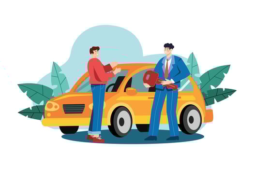 Showroom manager giving new car key to the buyer vector