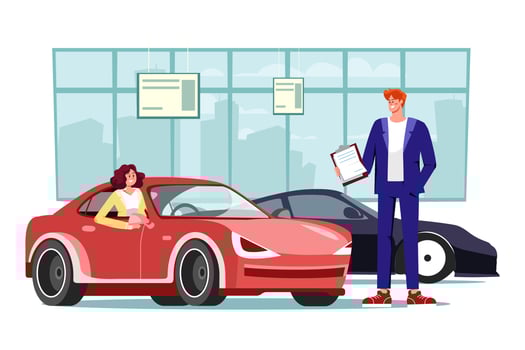 Young woman testing a car in a car showroom vector