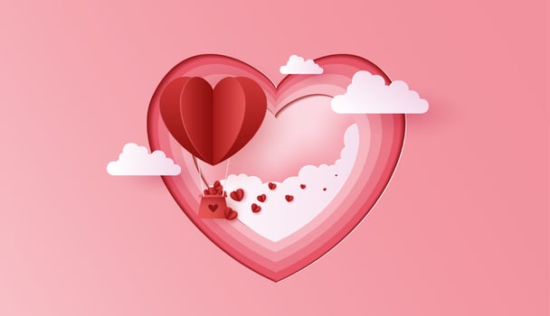 Paper art of love and valentine day with paper heart balloon and gift box float on the blue sky. can be used for Wallpaper, invitation, posters, banners. Vector design