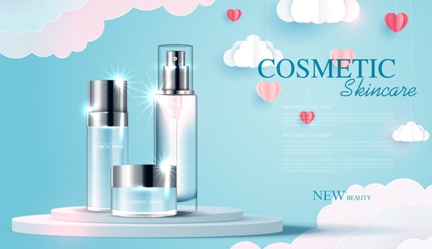 Cosmetics or skin care product ads with bottle, banner ad for beauty products with paper art of love and valentine day with paper heart and cloud. vector design
