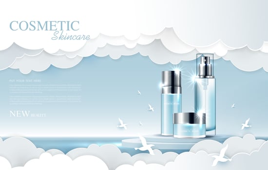 Cosmetics or skin care product ads with bottle, banner ad for beauty products, sky and cloud background. gives a feeling of softness, lightness, comfort and freshness. vector design