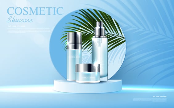 Cosmetics or skin care product ads with bottle, banner ad for beauty products , blue and leaf background glittering light effect. vector design