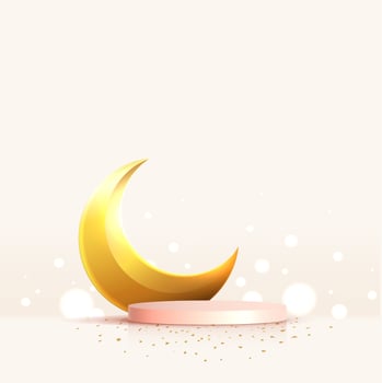 Islam theme product or cosmetic display purple background. mosque portal frame with podium and blank space. studio stage with golden crescent moon. vector design