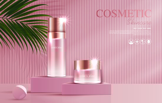Cosmetics or skin care product ads with bottle, banner ad for beauty products , pink and leaf background glittering light effect. vector design