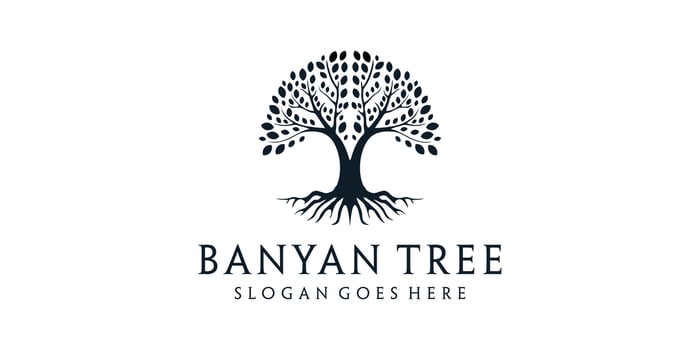 Banyan tree with roots nature silhouette logo design vector