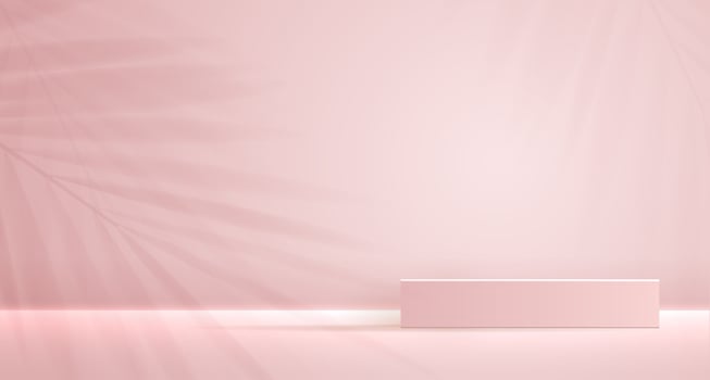 Cosmetic pink background and premium podium display for product presentation branding and packaging presentation. studio stage with shadow of leaf background. vector illustration design