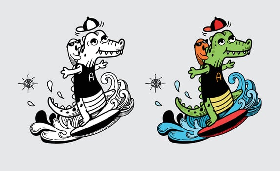 Illustration of isolated colorful and black and white alligator for coloring book vector