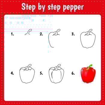 Educational worksheet for kids. Step by step drawing illustration. Pepper. Activity page for preschool education. vector