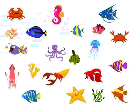 set of sea fish and algae, crab, seahorse, starfish, octopus, crayfish. Vector isolated on white background