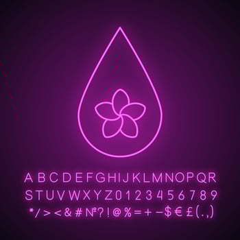 Aromatherapy oil drop neon light icon. Spa salon oil drop with plumeria flower inside. Glowing sign with alphabet, numbers and symbols. Vector isolated illustration