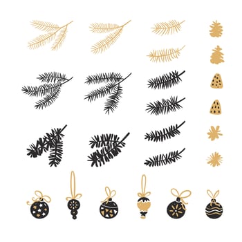 Set of cartoon Christmas balls, cones and fir branches vector