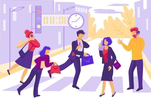 Pedestrians business people walking on city street. Men and women characters hurry at work on cityscape background with crosswalk. Daily lifestyle, morning rush. Cartoon flat vector illustration.