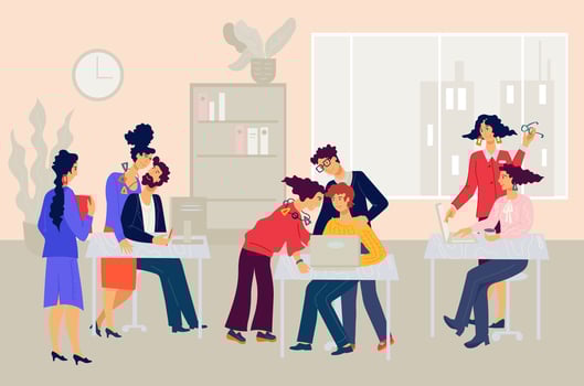 Business people working in office, talking, communicating and discussing. Office employees, men and women cooperative teamwork, partnership and cooperation. Flat cartoon vector illustration.