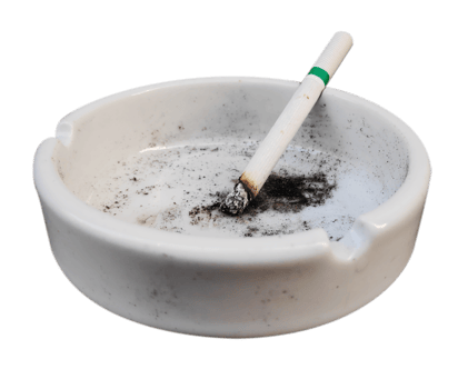 White ashtray with cigarette. Studio photography. Close-up. Isolated on transparent background. png