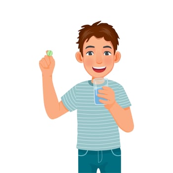 handsome young man holding pills on his hand ready taking medicine with a glass of water vector
