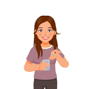 Beautiful young woman showing pills on her hand ready taking medicine with a glass of water vector