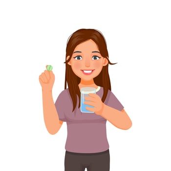 Beautiful young woman holding pills on her hand ready taking medicine with a glass of water vector