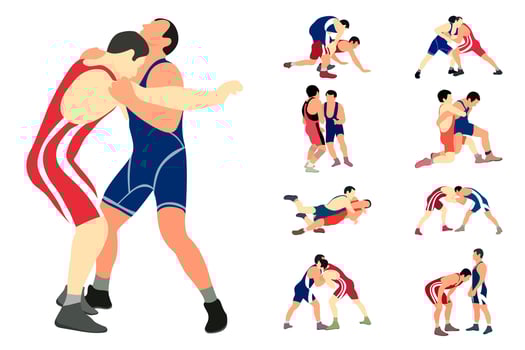 Vector collection of athletes wrestlers in wrestling, duel, fight. Greco Roman, freestyle, classical wrestling.