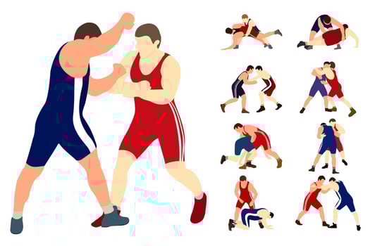 Vector collection of athletes wrestlers in wrestling, duel, fight. Greco Roman, freestyle, classical wrestling.