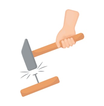 Holding a hammer in his hand. A carpenter hammers a nail into a wooden beam. Construction and repair. A human repairman with working tools. Vector illustration of a flat design.