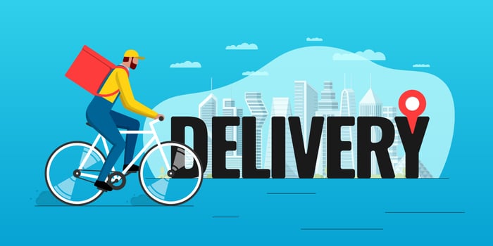 Bicycle delivery ordering service banner design concept. Fast bike shipping courier with backpack and geotag gps location pin on inscription and city. Food and goods online safe order vector eps
