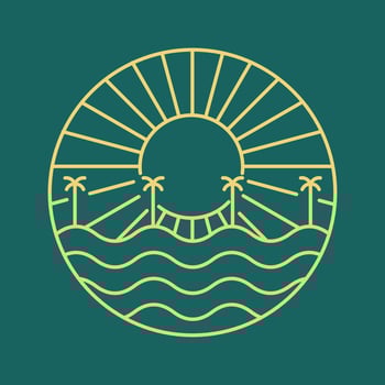 Mono line vector of the waves and palm trees with sunset view