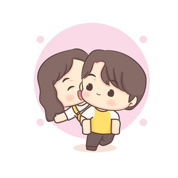 Cute Boy Giving His Girlfriend a Piggy Back Ride. Happy valentine chibi lovers couple cartoon character. vector