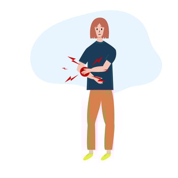 Young woman having arm pain in flat design on white background. Physical injury. Muscle or bone problem. Vector illustration.